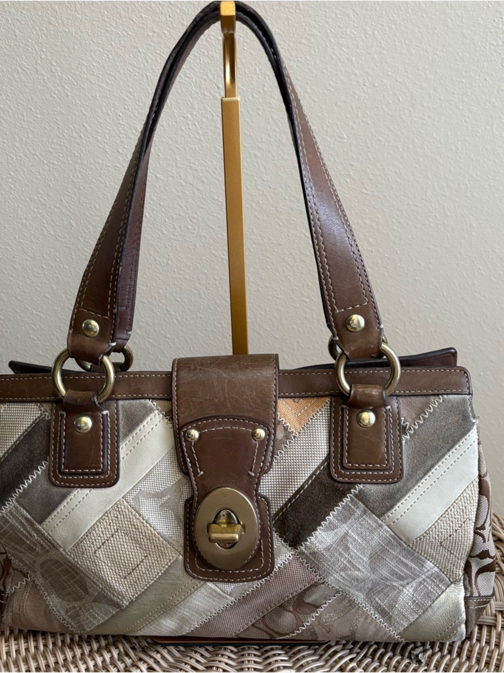 Vintage Coach Signature Patchwork Carryall Turnlock Satchel